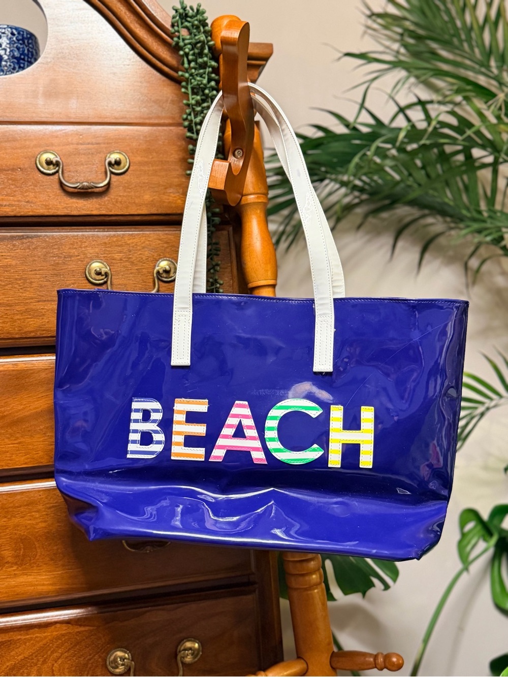 Glossy Blue 'BEACH' Tote with White Handles